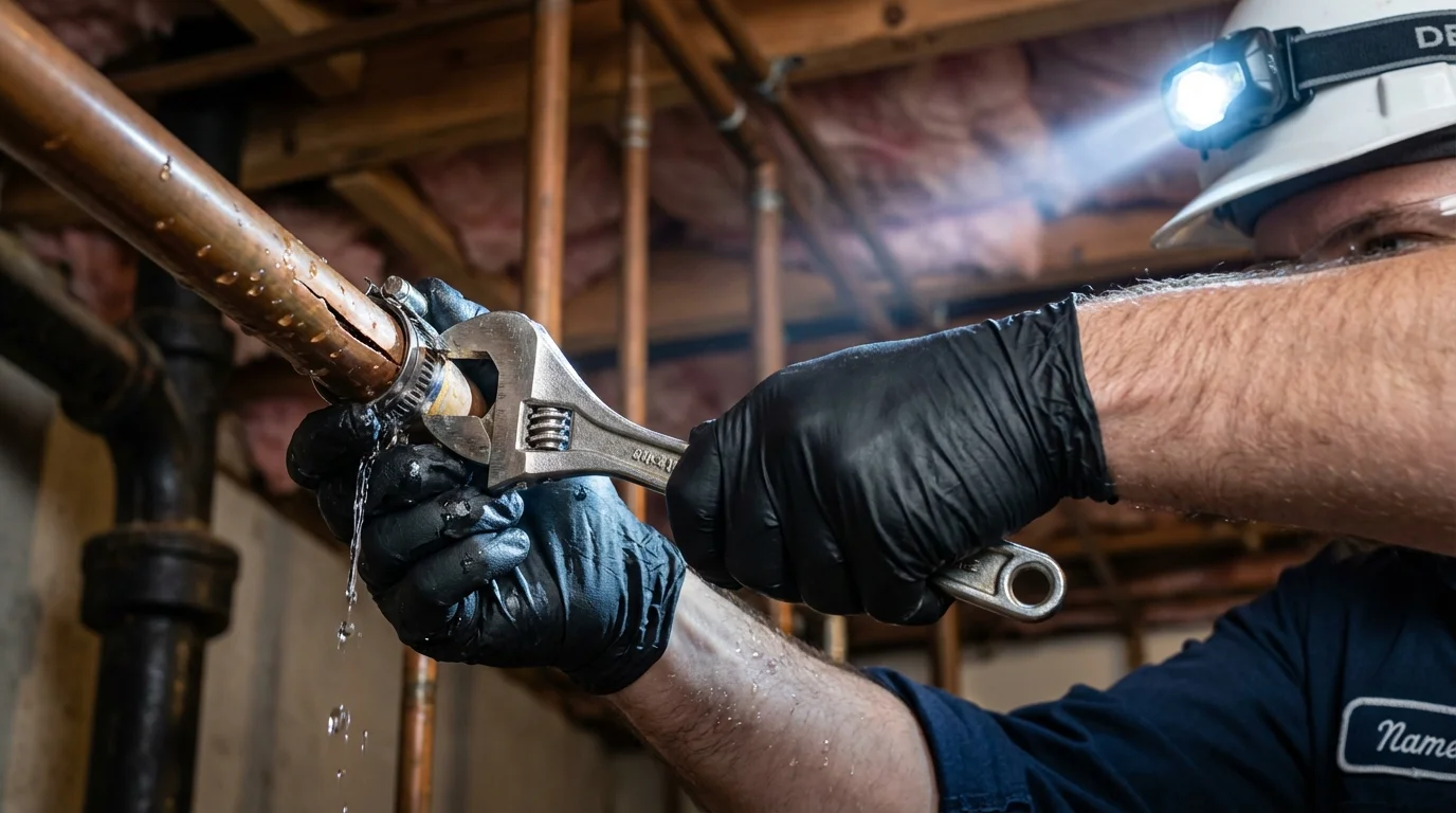 Emergency pipe clamp repair being performed by a Johns Plumbing LLC plumber in Shrub Oak