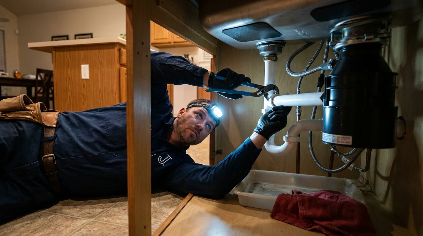 P-trap and supply line connections under a kitchen sink showing a common leak point in Shrub Oak, NY